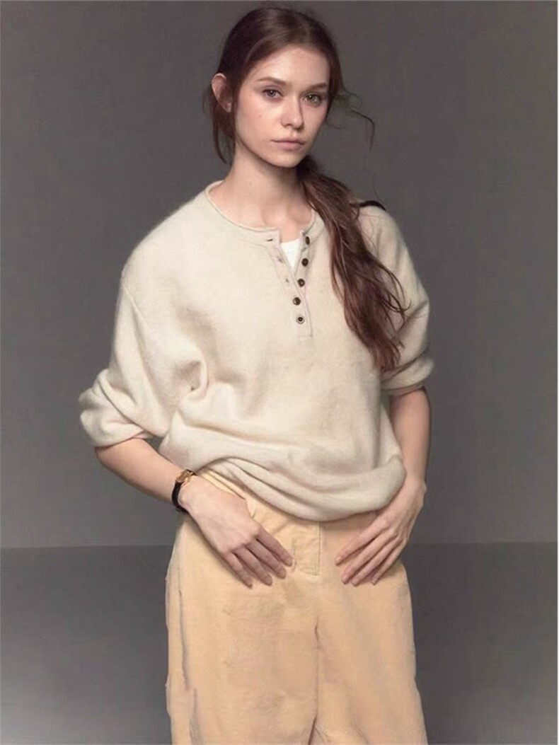 卷边半开圆领时尚百搭休闲套头针织女,针织衫/毛衣,百纯羊绒