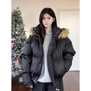 现货三防重磅硬挺boxy短款羽绒棉衣座山雕大毛毛领PU皮棉服外套冬
