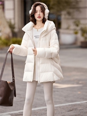 2025冬季新款时尚高级感纯色中长款显瘦保暖连帽白鸭绒羽绒服外套，女装羽绒服，流量+