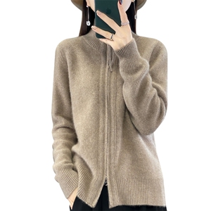 休闲简约淑女百搭长袖气质修身v领拉链羊毛衫女外穿图片
