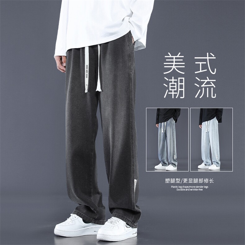 烟黑色牛仔裤美式标志新潮塑腿型拖地个性抽绳休闲裤 K865-特批43图片