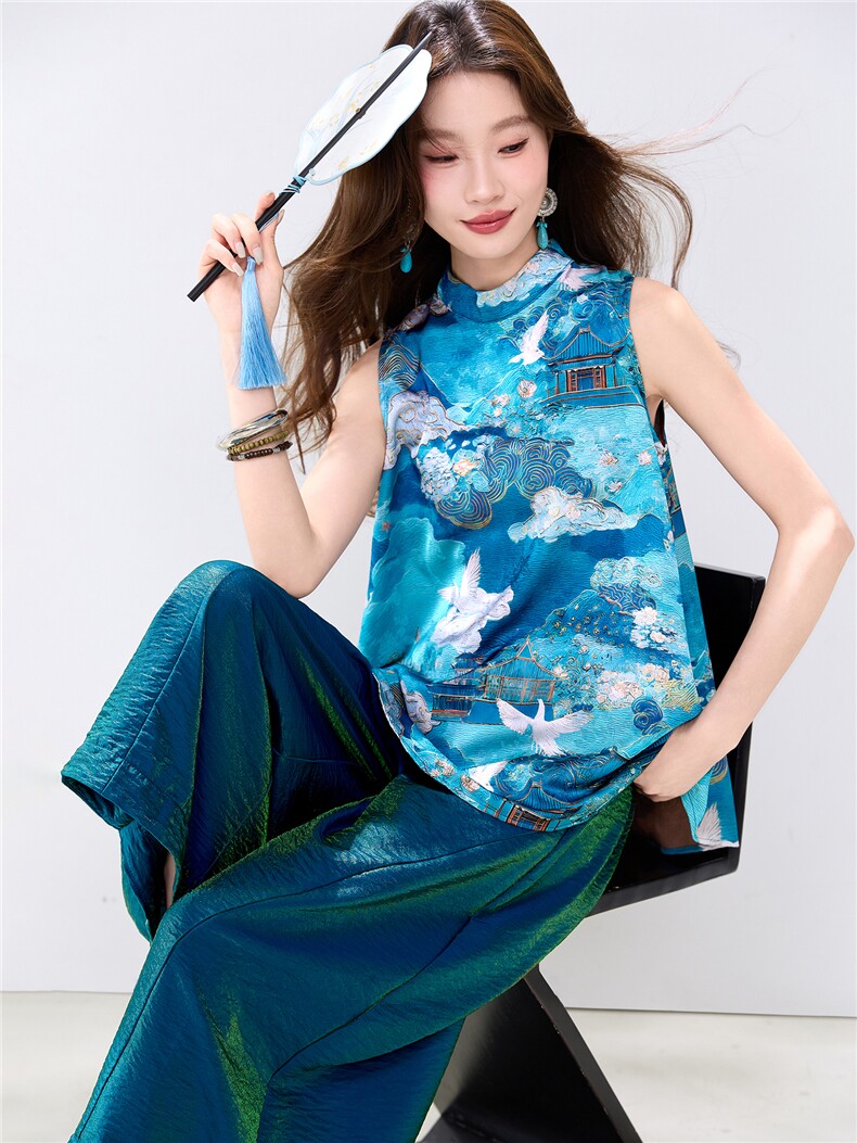 夏季新款现货！2026新中式洋气撞色印花上衣+宽松阔腿裤两件套装,女装套装/套裙,宝儿家