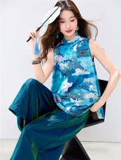 夏季新款现货！2026新中式洋气撞色印花上衣+宽松阔腿裤两件套装，女装套装/套裙，宝儿家