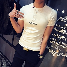 5176-p35短袖T恤男夏季修身圆领英文刺绣潮牌时尚体恤学生男上衣，男装T恤，电商D303