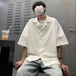603-1-CY01-P38控58 现货 纯色古巴领衬衫男短袖宽松休闲半袖衬衣图片