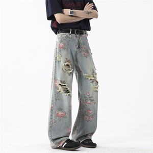 松弛感破洞牛仔裤男夏季薄款美式复古风花卉满印高级感显瘦直筒裤