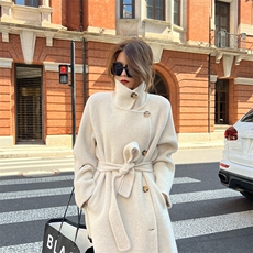 2025年夏季常规中长款长袖纯色系带时尚百搭双面呢大衣简约大方，女装双面呢大衣，蒙绒特