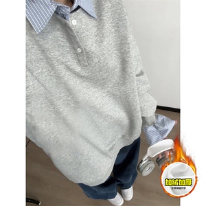 重磅加绒硬挺boxy男女美式高街假两件衬衫领长袖卫衣POLO领打底衫图片