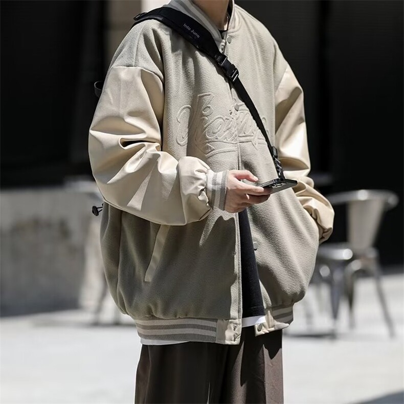 日系街头PU皮拼接棒球服男潮牌复古宽松情侣休闲百搭外套Z628P65,男装夹克,星座1116-2