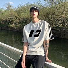 抖音得物高品质二开240克宽松纯棉美式潮牌三条杠织带短袖T恤，男装T恤，电商A486-1