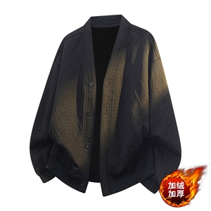 加绒提花开衫卫衣男秋季针织上衣松弛感外套WY6612-P45大码元