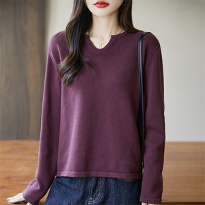 高品质100纯棉线V领针织衫女宽松显瘦加厚打底衫春秋新款全棉上衣图片