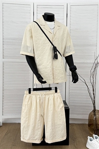 TZ52932/P65西服领短袖衬衣裤子套装男潮夏季肌理感西装领两件套图片