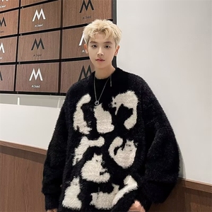 美式复古设计感猫咪圆领毛衣男秋冬季慵懒情侣小众软糯百搭针织衫图片