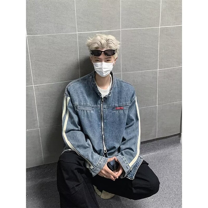 秋季美式条纹牛仔外套潮牌宽松休闲时尚设计感夹克外套,男装工装外套,星座410-6（原星座1304-1）