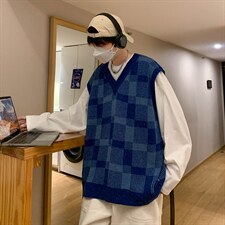 M2210-P38格子纹针织衫V领背心毛衣男生，男装针织衫/毛衣，星座1501-1