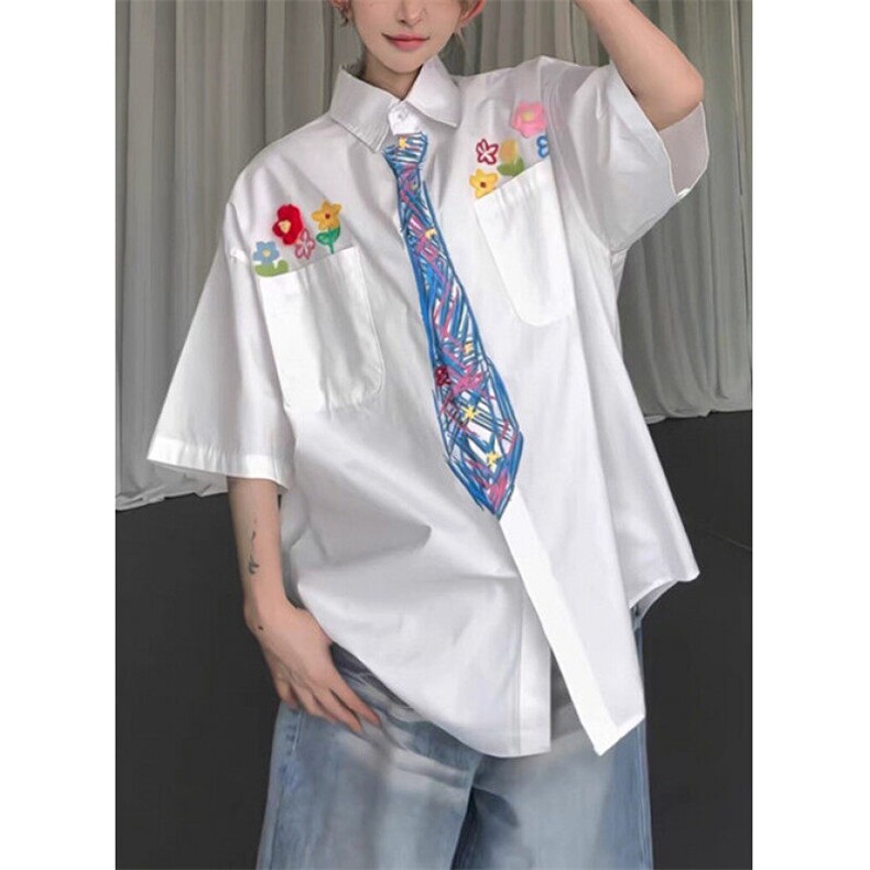 学院风花朵领带短袖衬衫黑色白色原版高质量五分袖CS363,男装T恤,星座1116A（原606A-3）
