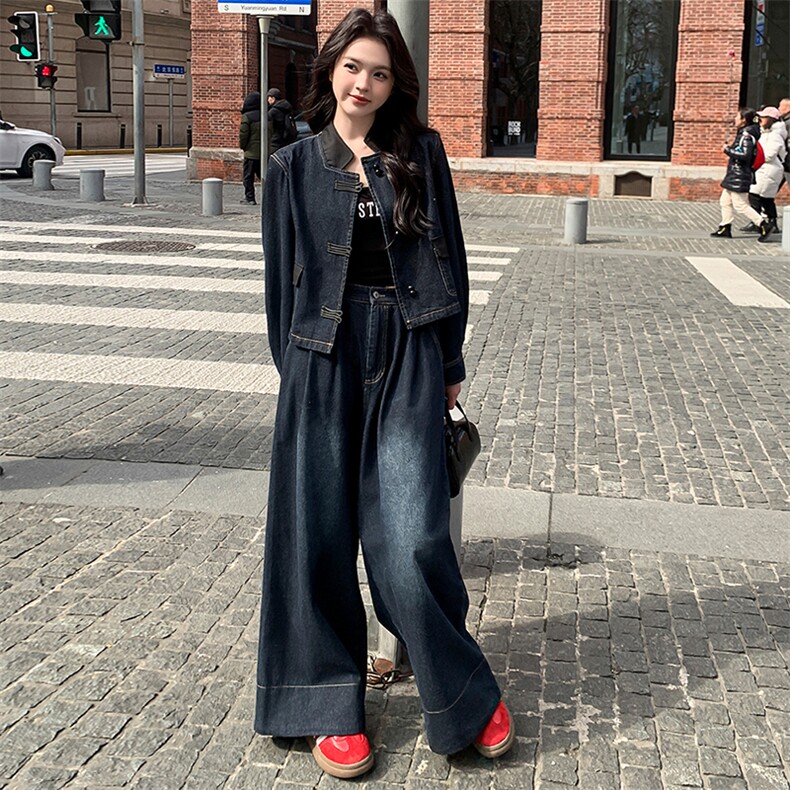 新中式国风穿搭牛仔套装女春夏秋超火好看高级感外套阔腿裤两件套,女装套装/套裙,浙宝305