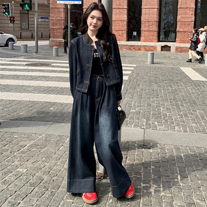 新中式国风穿搭牛仔套装女春夏秋超火好看高级感外套阔腿裤两件套图片