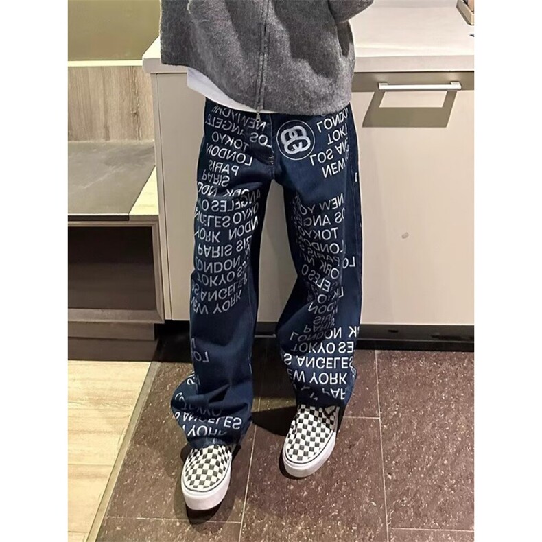 美式复古字母印花水洗做旧高街微喇牛仔裤男女直筒裤子,男装牛仔裤,星座506A