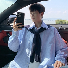 悟空有货简约可拆卸披肩褶皱肌理感条纹衬衫美式潮牌百搭休闲，男装衬衫，星座218-8