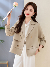 气质翻领短款风衣外套女2025春秋新款小个子休闲百搭宽松西服上衣，女装短外套，恋慕依尚