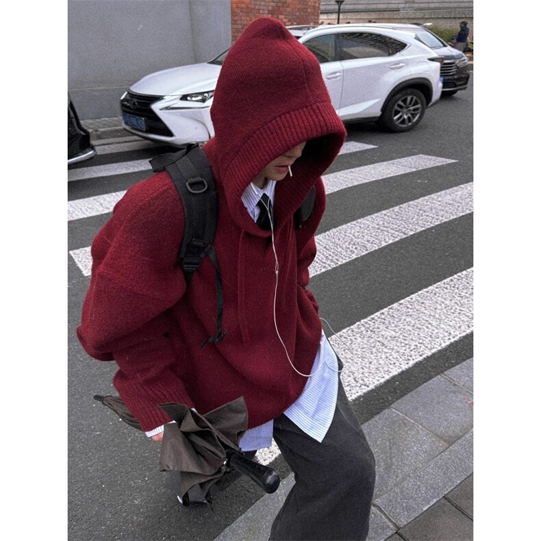 本命年氛围感情侣连帽毛衣男冬季美式oversize针织衫L73788-P60图片