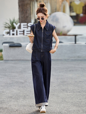 超爱!高品轻薄牛仔外套马甲女2025夏高腰显瘦阔腿裤时尚两件套装，女装套装/套裙，意芙