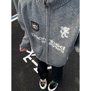 网图徽章刺绣拉链开衫立领毛衣外套学院慵懒针织衫A025-SM177-P68图片