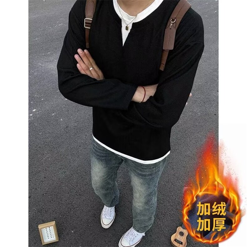 黑色假两件长袖t恤男春秋重磅硬挺无帽卫衣cleanfit高级感打底衫,男装T恤,星座506A