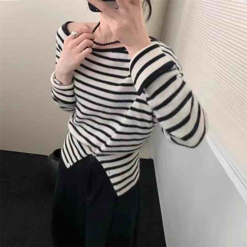韩版斜肩100衫女套头条纹冬季新款修身针织羊毛打底衫毛衣,女装羊毛衫,佳弈羊绒