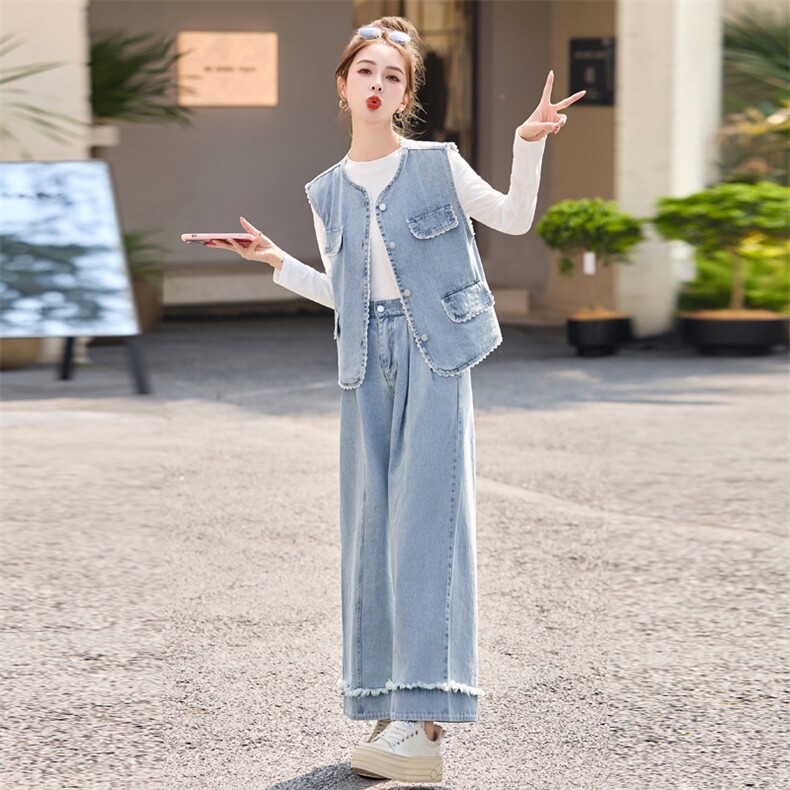 2025秋新款蕾丝拼接收腰牛仔马甲背心阔腿裤三件套，女装套装/套裙，瑶迪