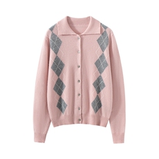 2025秋冬新款羊绒衫女100%纯羊绒POLO领菱形格时尚半系扣针织套衫，女装羊绒衫，戎叶云台