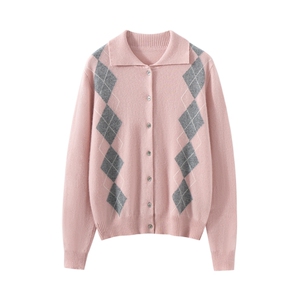 2025秋冬新款羊绒衫女100%纯羊绒POLO领菱形格时尚半系扣针织套衫，女装羊绒衫，戎叶云台