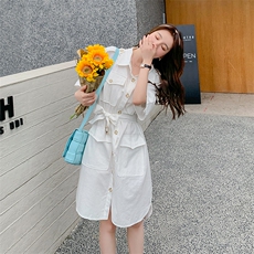 现货主推夏ins街头风棉麻工装气质衬衫女士连衣裙18861P85控138，女装连衣裙，艾青服饰
