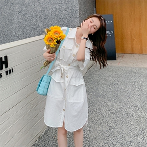 现货主推 夏ins街头风棉麻工装气质衬衫女士连衣裙188 61P85控138图片