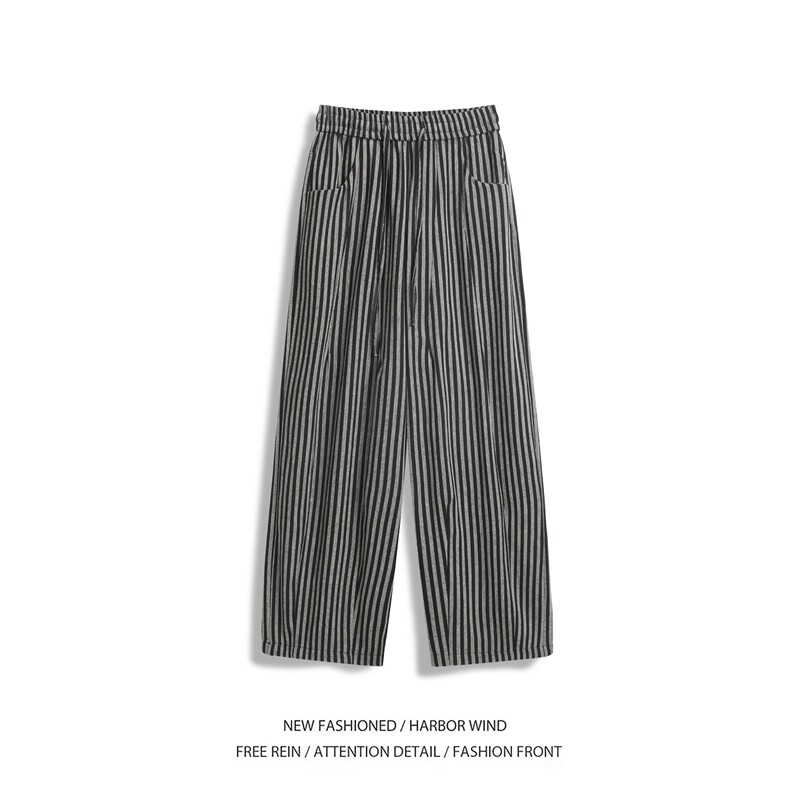 抖音品质春季新款潮流条纹宽松阔腿休闲裤B315-K25619-特p40控78,男装休闲裤,电商B315