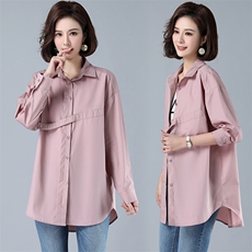 棉2025年秋季新款纯色翻领衬衣不规则长袖休闲宽松时尚中长款，女装衬衫，风姿绰
