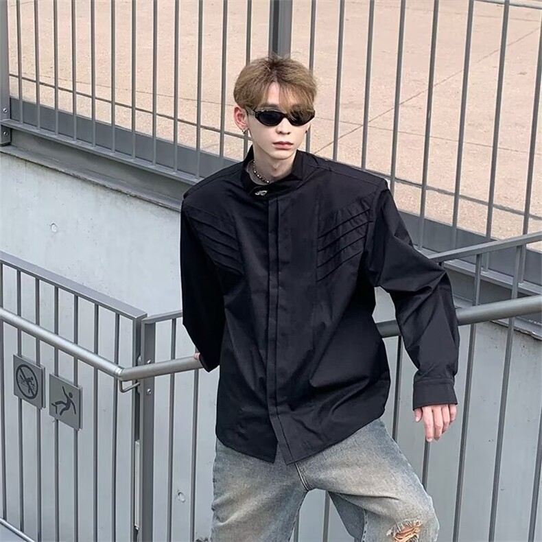 解构垫肩衬衫男款设计感小众长袖衬衣廓形分割立领外套C82,男装衬衫,星座1116A（原606A-3）
