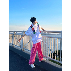白色彩虹毛织拼接短袖T恤男款夏季美式潮牌重磅体恤撞色刺绣半袖