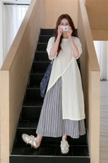 小个子叠穿不规则镂空罩衫阔腿裙裤套装女夏新款条纹阔腿裤两件套，女装套装/套裙，2C258