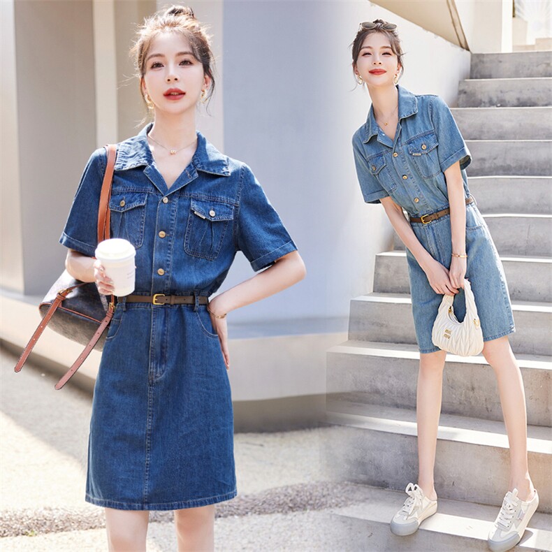大码女装胖mm港风复古翻领收腰牛仔连衣裙女夏气质显瘦遮肚中长裙，女装连衣裙，E百度