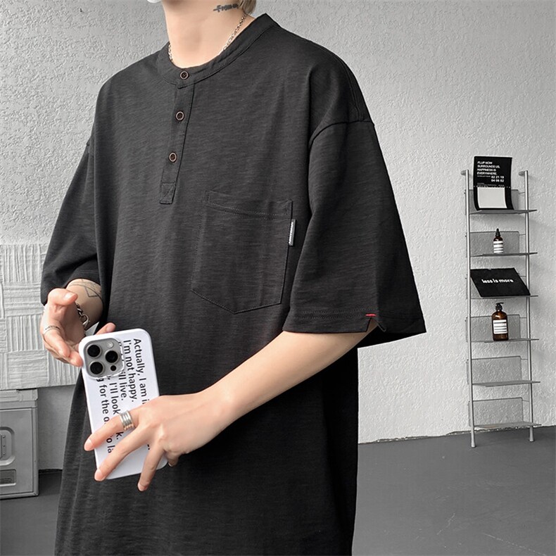 8XL-M亨利领亚麻短袖t恤男弹力大码宽松半袖开衩设计体恤DT002P45图片