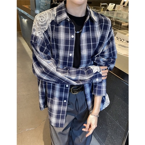 2026新款设计感蕾丝拼接格子衬衫男女情侣美式穿搭衬衣C236TP58图片