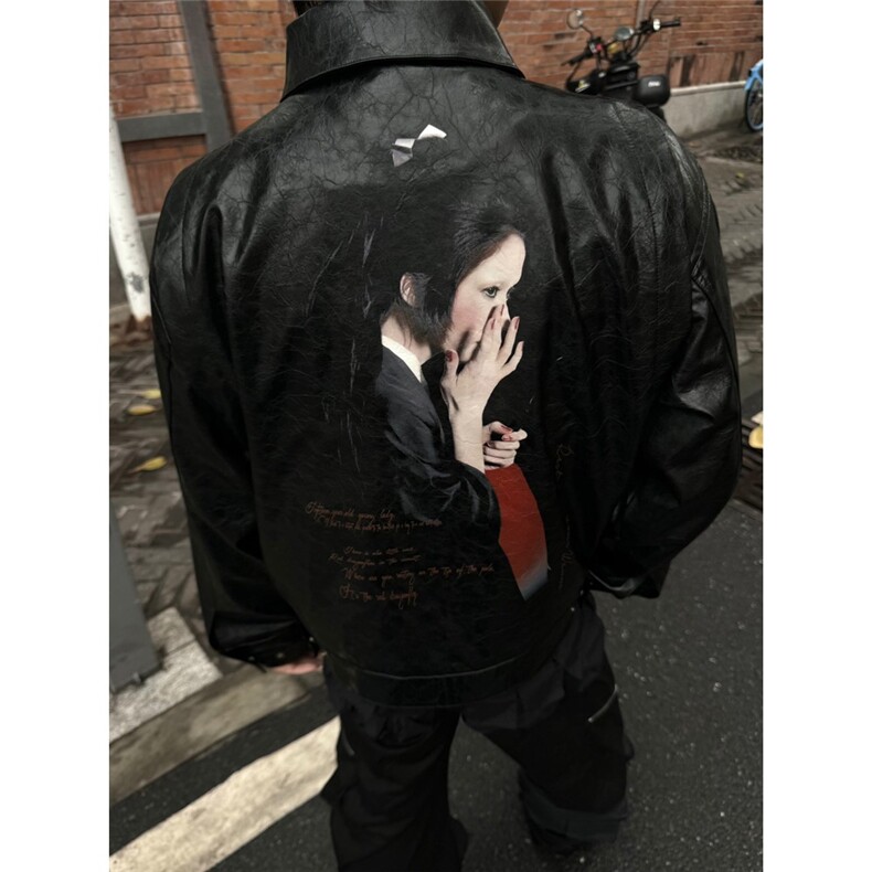 油墨印花褶皱皮衣外套,男装皮衣,星座410-7