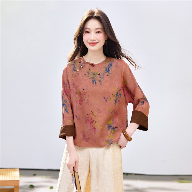 长期现货2026新中式印花上衣女夏季薄款透气中袖衬衫中年妈妈宽松,女装衬衫,璐依舞