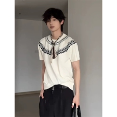 网图有货费尔岛针织短袖t恤男女老钱风情侣宽松上衣A602-P45，男装T恤，星座1505