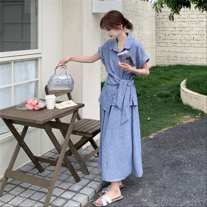 蓝色气质衬衫套装女设计感2025夏新款绝美不对称时尚半身裙两件套,女装套装/套裙,2C159