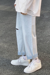 夏季大破洞牛仔裤韩版阔腿宽松九分裤直筒休闲男女裤子169图片