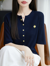 V领其他修身型夏季五分袖宽松显瘦冰丝T恤上衣，女装T恤，暖圣羊羊绒